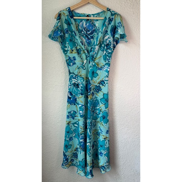 Trixxi Dresses & Skirts - Trixxi Womens Aqua Blue‎ Floral Chiffon V-Neck Flutter Sleeve Midi Dress Small